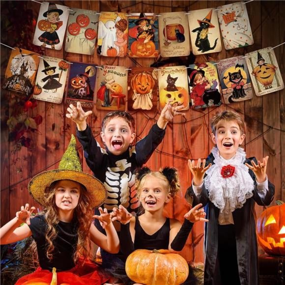 4 Pieces Vintage Halloween Decor Halloween Banner Hanging Trick or Treat Banner - Picture 3 of 7